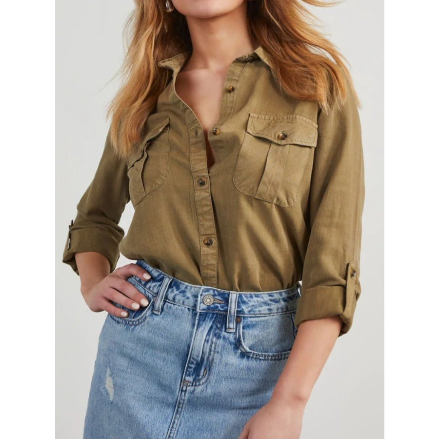 Collared Neck Roll-Tab Sleeve Denim Top Olive Brown / S Apparel and Accessories