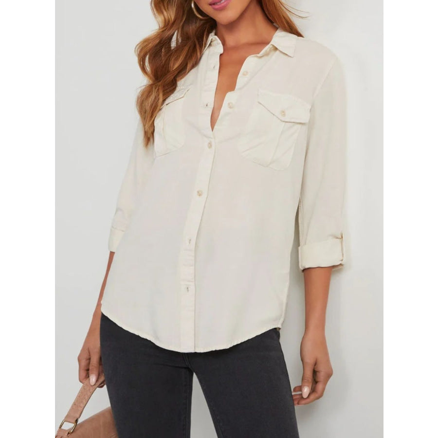 Collared Neck Roll-Tab Sleeve Denim Top White / S Apparel and Accessories