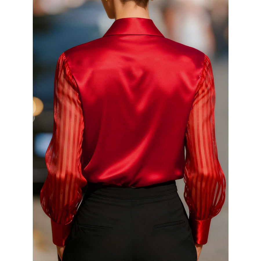 Collared Neck Sheer Sleeve Shirt Apparel and Accessories