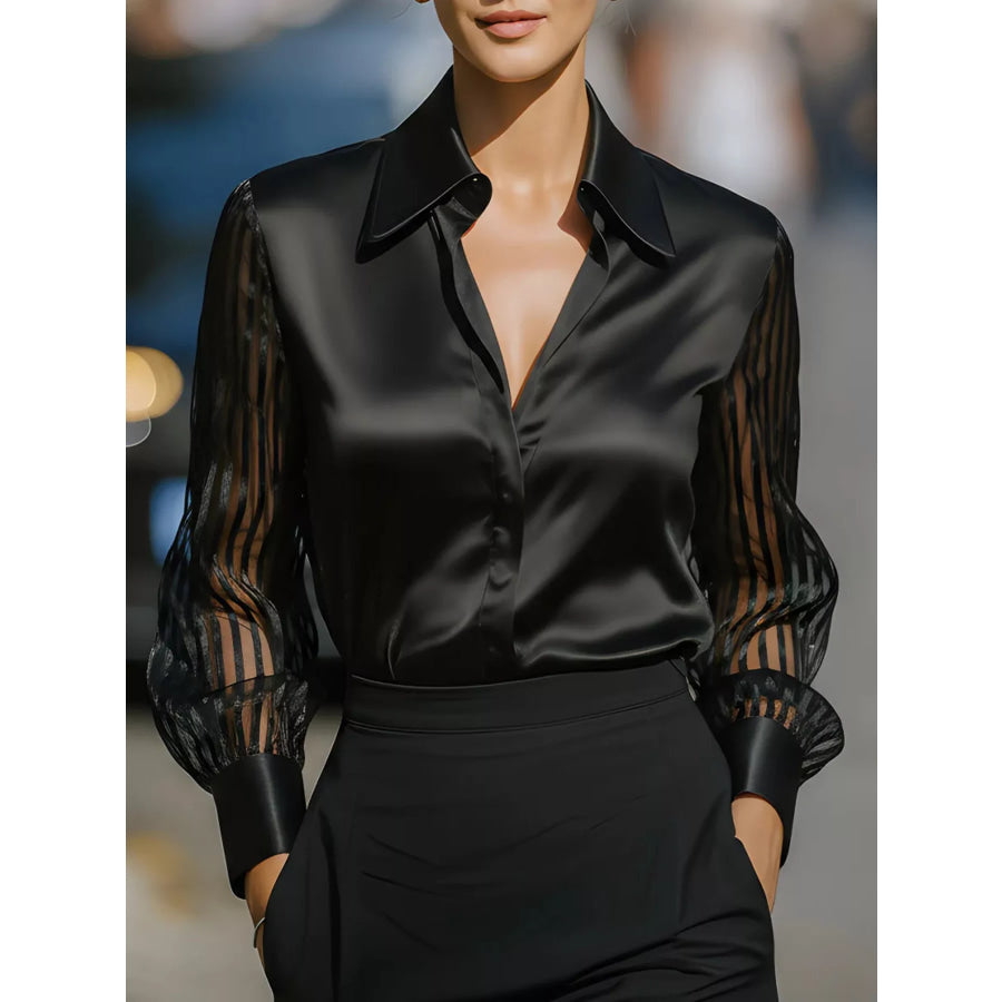 Collared Neck Sheer Sleeve Shirt Black / S Apparel and Accessories