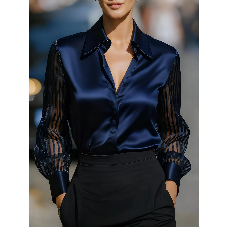 Collared Neck Sheer Sleeve Shirt Navy Blue / S Apparel and Accessories