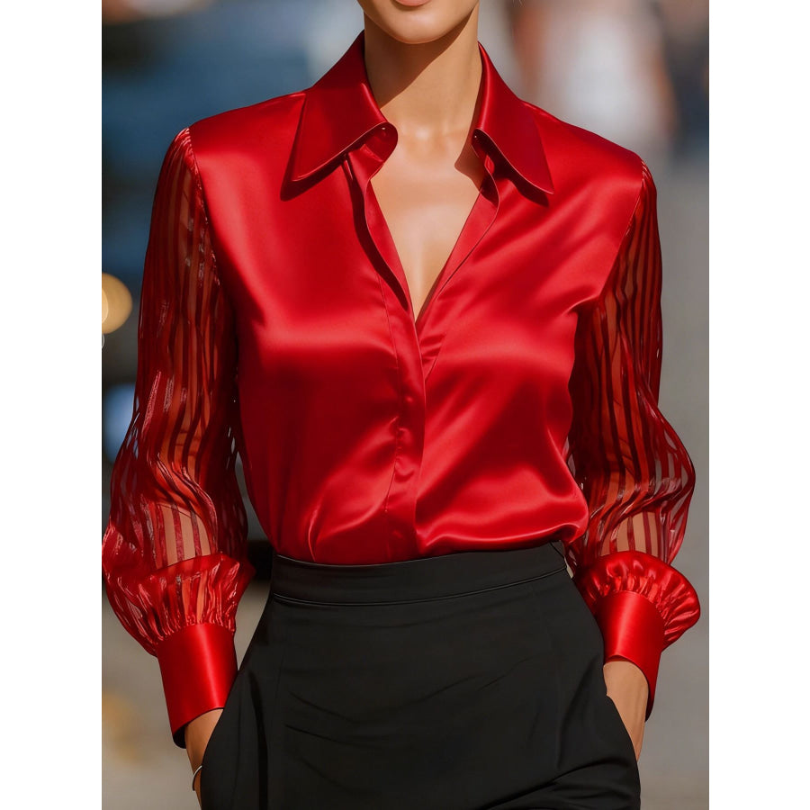 Collared Neck Sheer Sleeve Shirt Red / S Apparel and Accessories