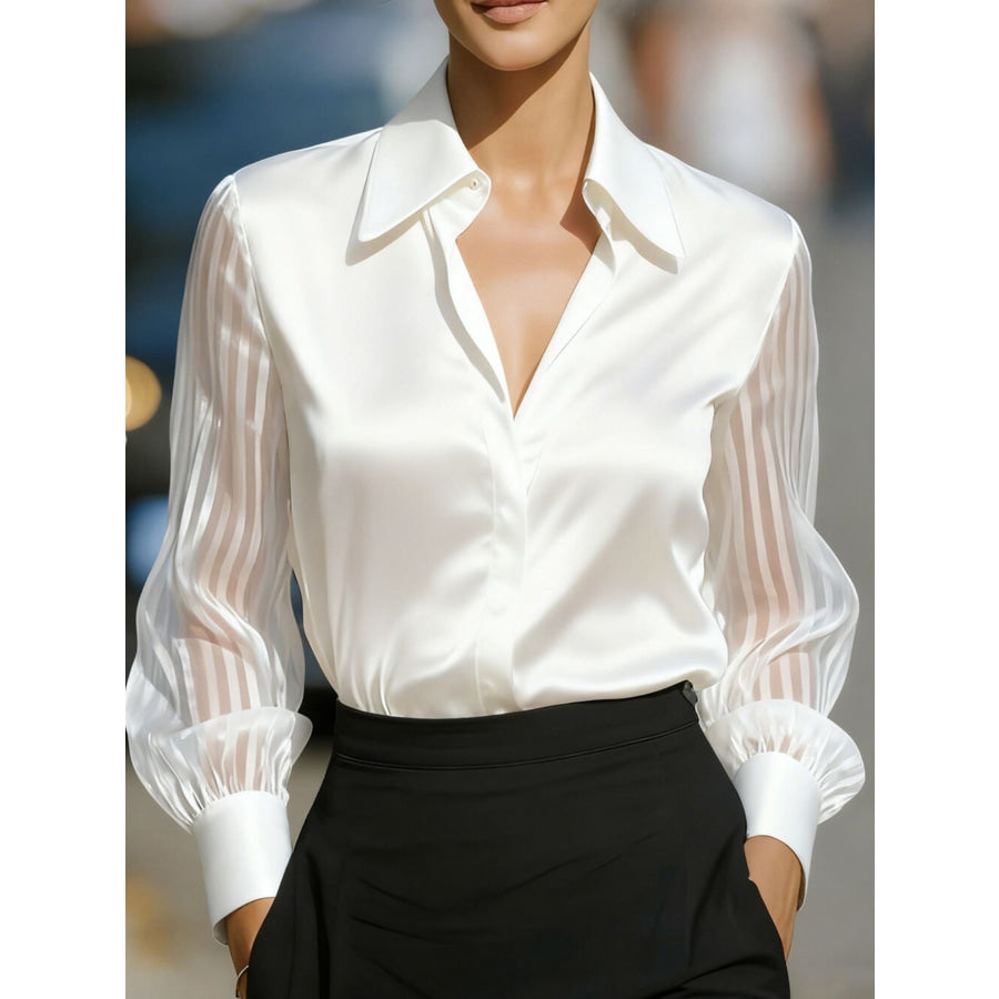 Collared Neck Sheer Sleeve Shirt White / S Apparel and Accessories