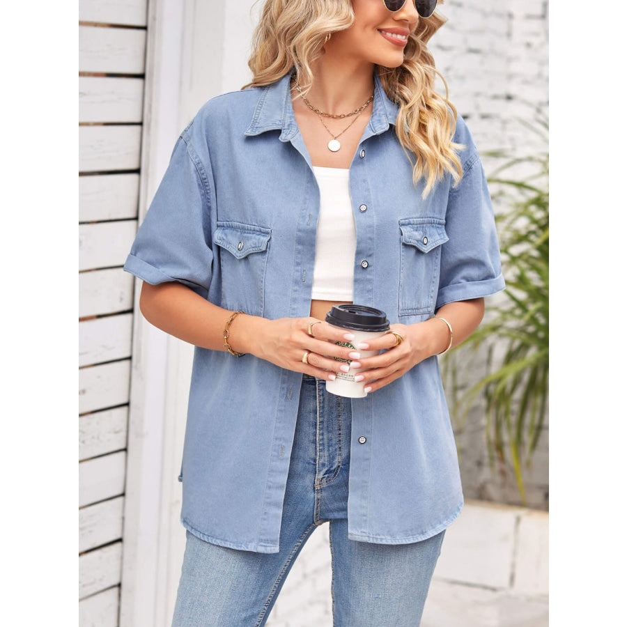 Collared Neck Short Sleeve Denim Jacket