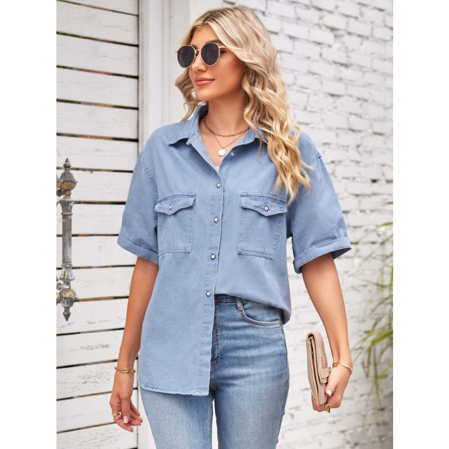 Collared Neck Short Sleeve Denim Jacket