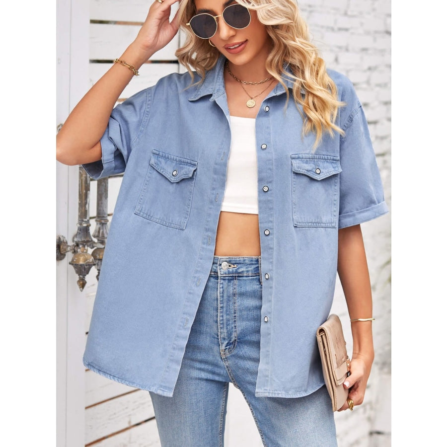 Collared Neck Short Sleeve Denim Jacket