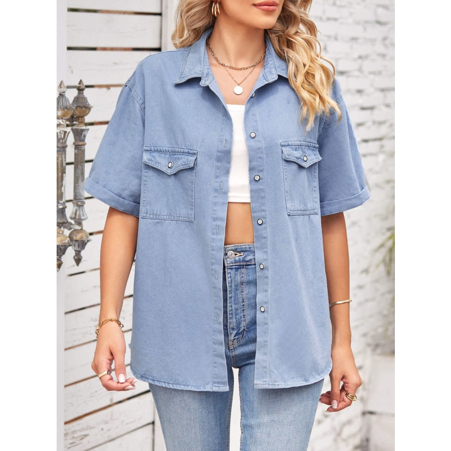 Collared Neck Short Sleeve Denim Jacket