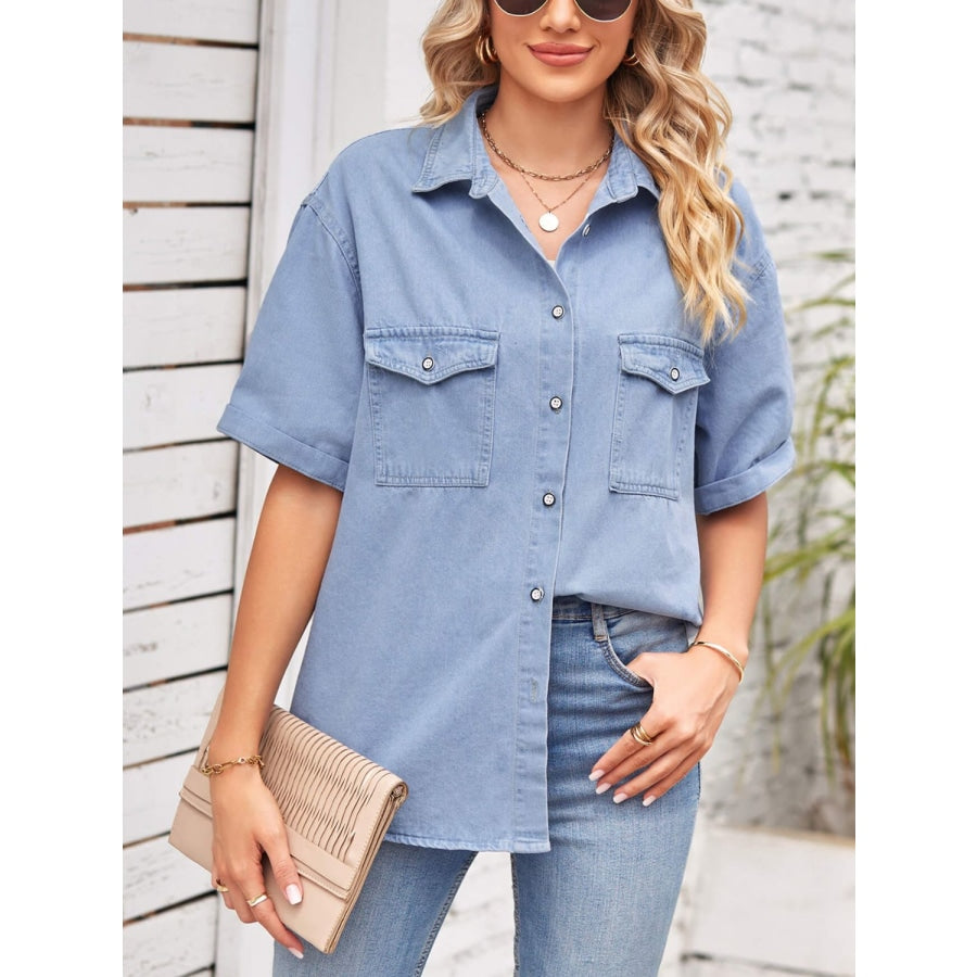 Collared Neck Short Sleeve Denim Jacket