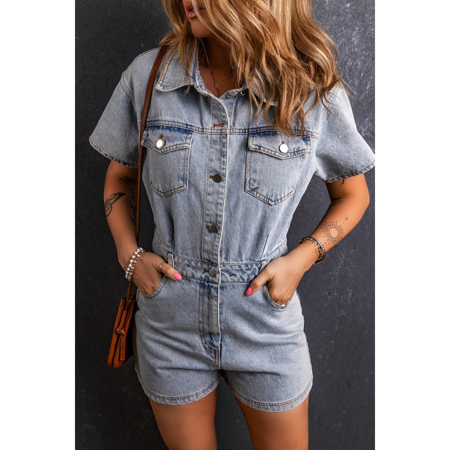 Collared Neck Short Sleeve Denim Romper Apparel and Accessories