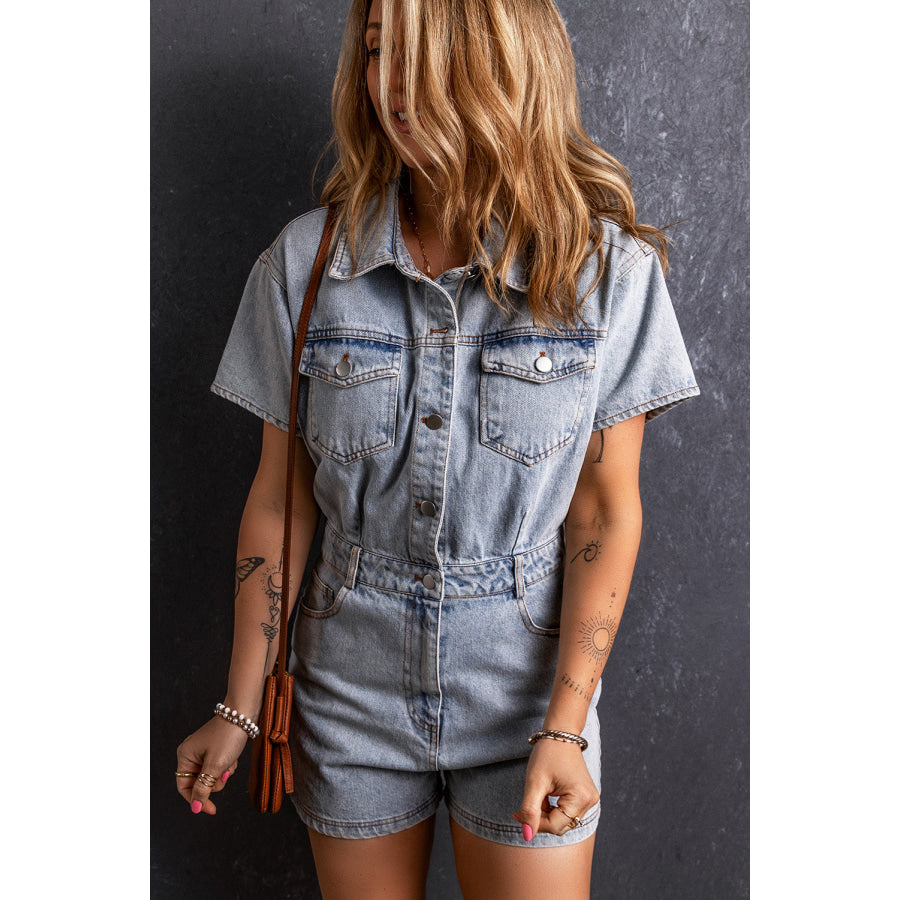 Collared Neck Short Sleeve Denim Romper Apparel and Accessories