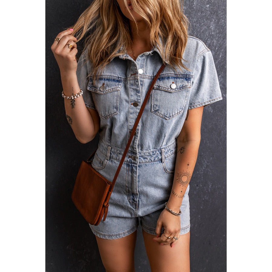 Collared Neck Short Sleeve Denim Romper Apparel and Accessories