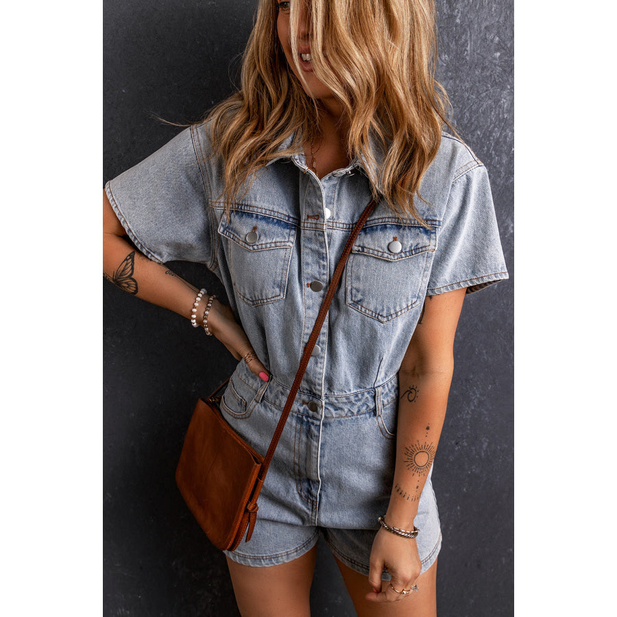 Collared Neck Short Sleeve Denim Romper Light / S Apparel and Accessories