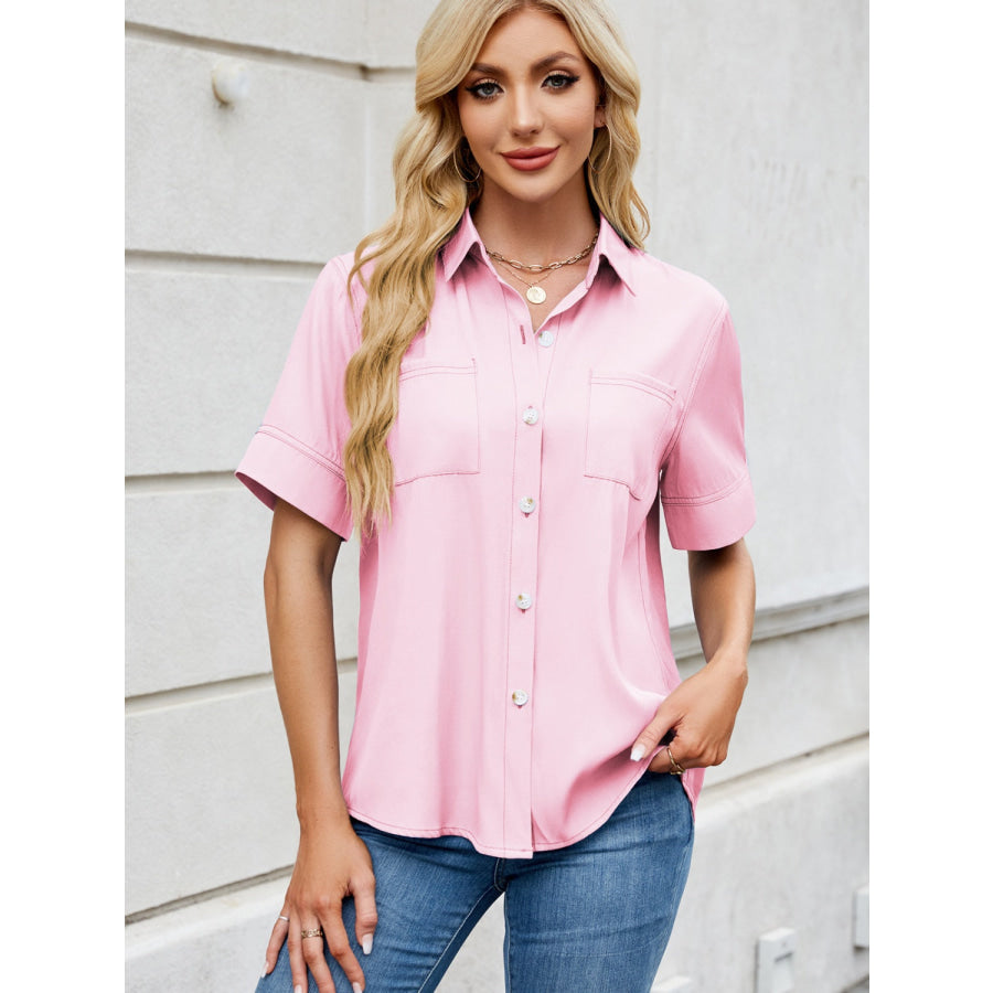 Collared Neck Short Sleeve Shirt Apparel and Accessories