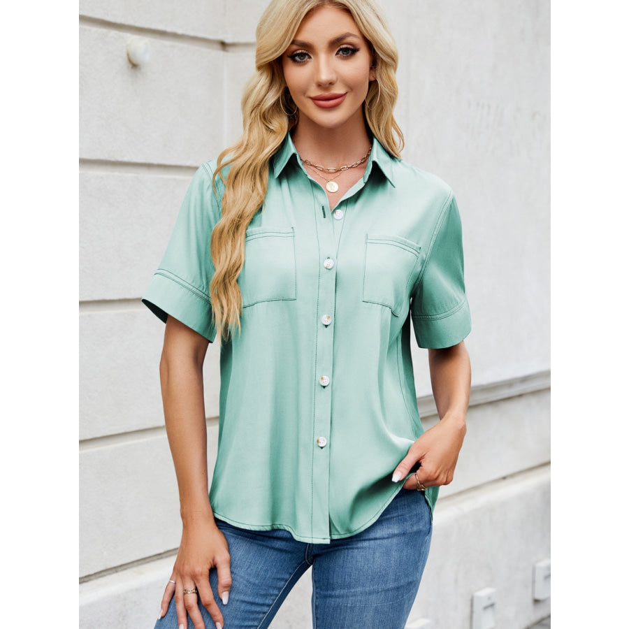 Collared Neck Short Sleeve Shirt Apparel and Accessories