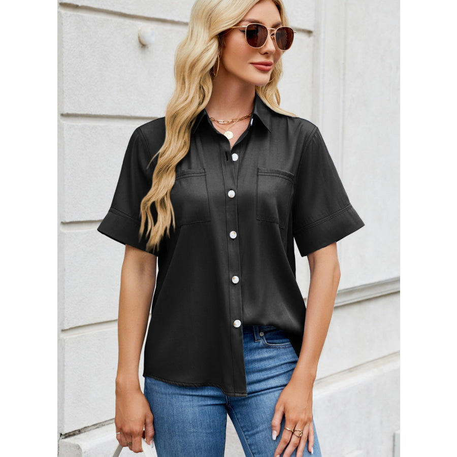 Collared Neck Short Sleeve Shirt Black / S Apparel and Accessories