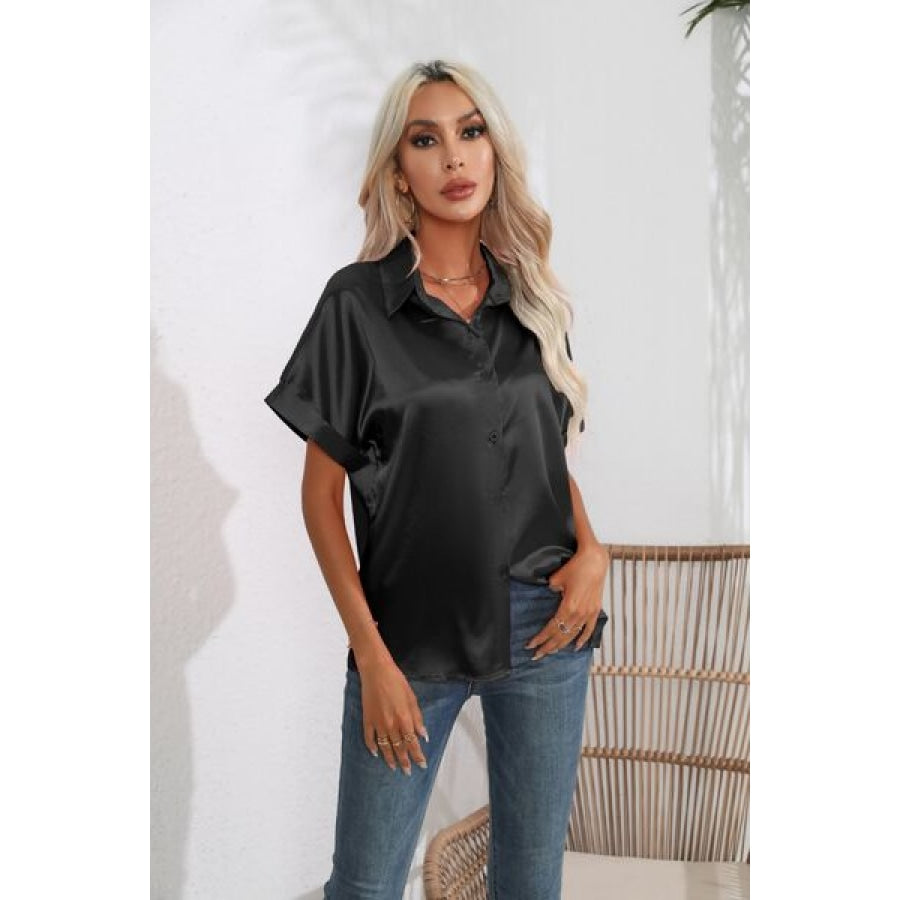 Collared Neck Short Sleeve Shirt Black / S Clothing