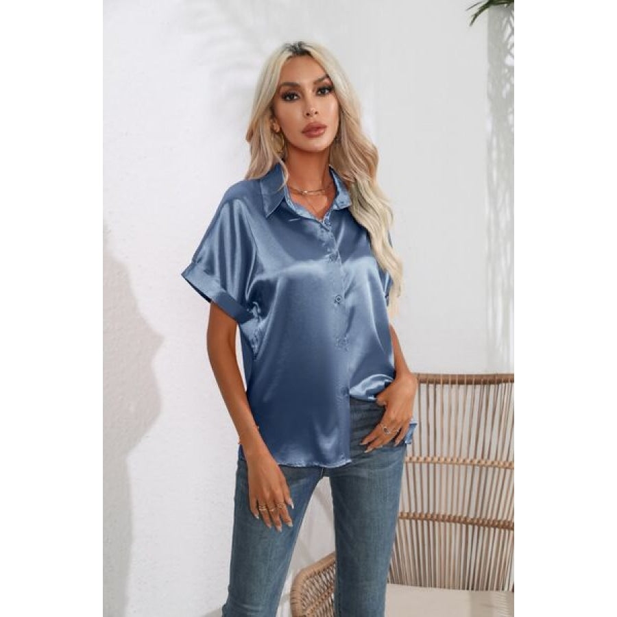 Collared Neck Short Sleeve Shirt Clothing