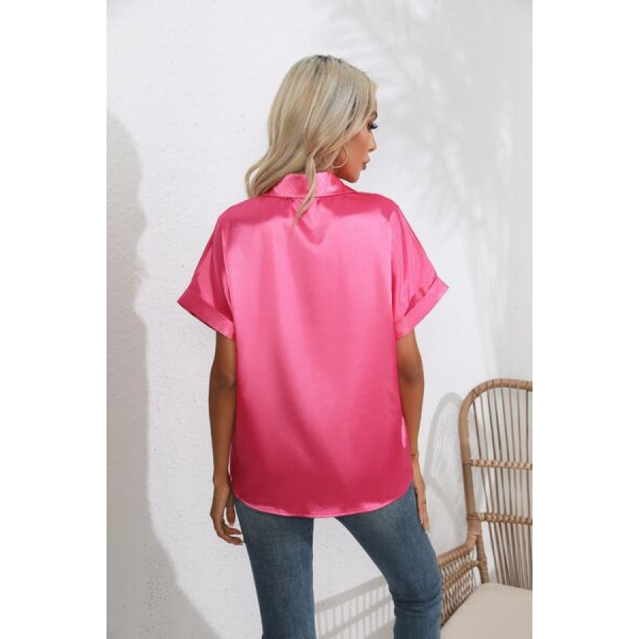 Collared Neck Short Sleeve Shirt Clothing