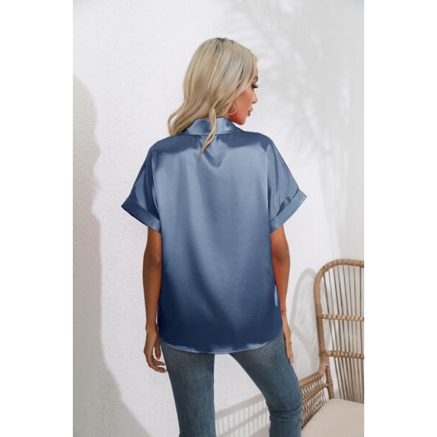 Collared Neck Short Sleeve Shirt Clothing