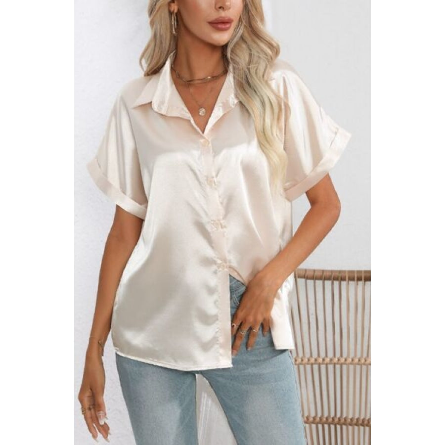 Collared Neck Short Sleeve Shirt Clothing