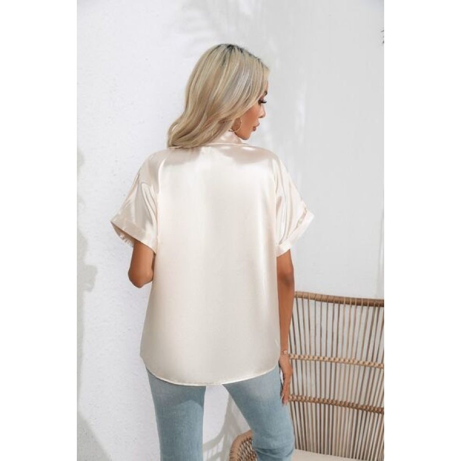 Collared Neck Short Sleeve Shirt Clothing