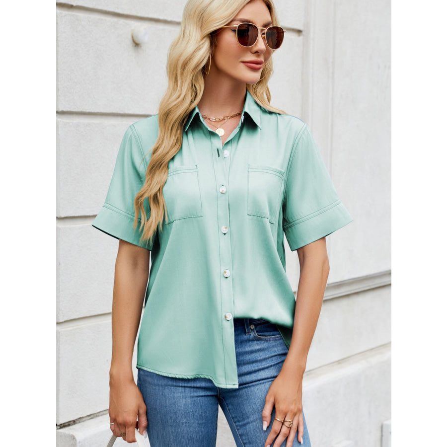 Collared Neck Short Sleeve Shirt Gum Leaf / S Apparel and Accessories