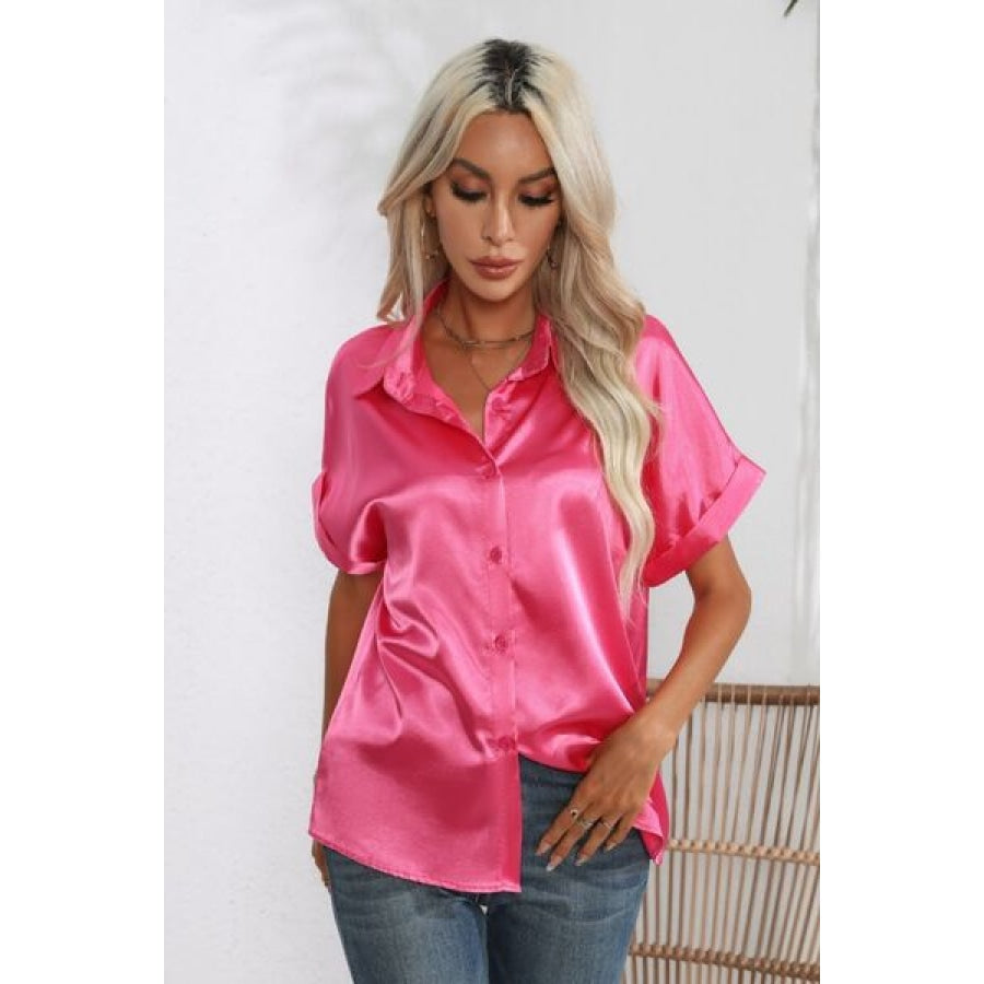 Collared Neck Short Sleeve Shirt Hot Pink / S Clothing