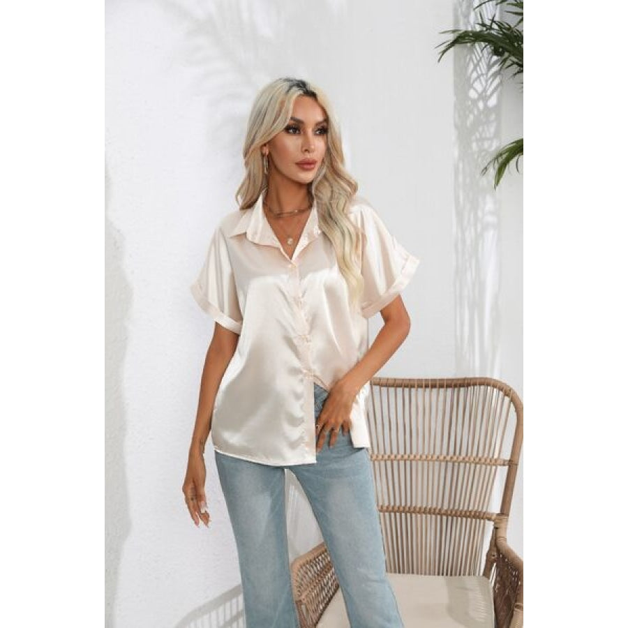 Collared Neck Short Sleeve Shirt Ivory / S Clothing