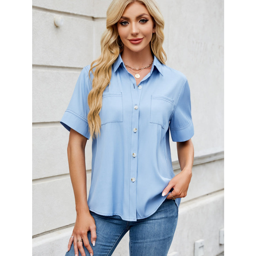 Collared Neck Short Sleeve Shirt Light Blue / S Apparel and Accessories