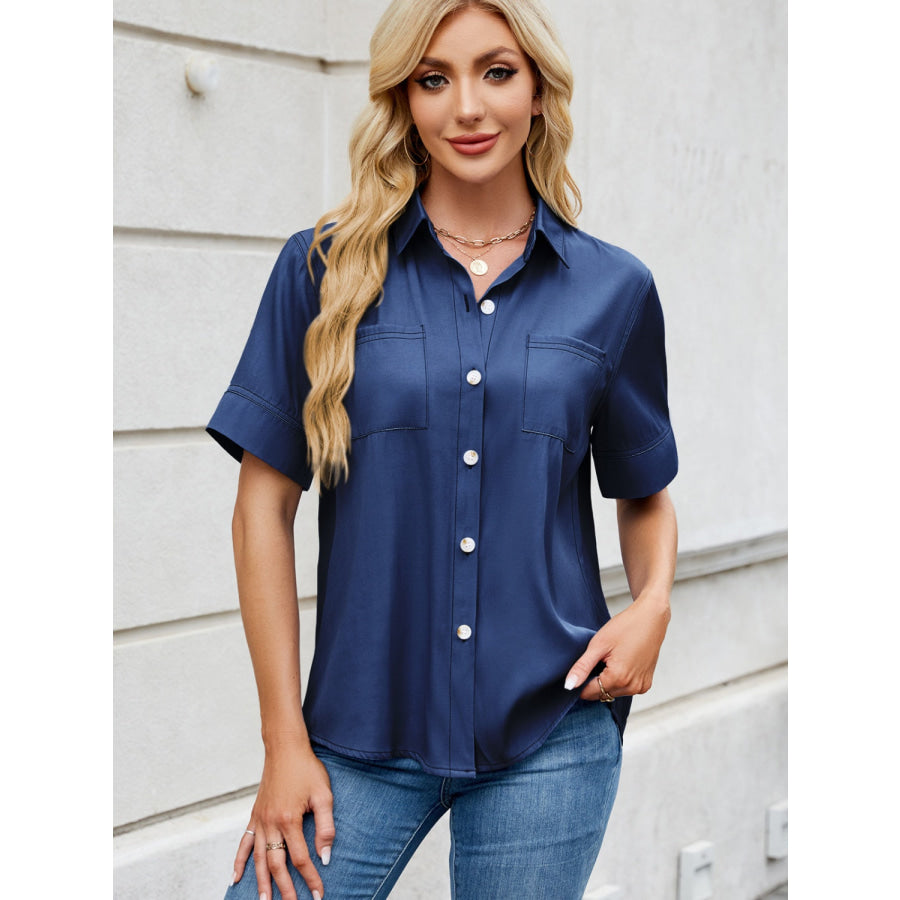 Collared Neck Short Sleeve Shirt Navy / S Apparel and Accessories