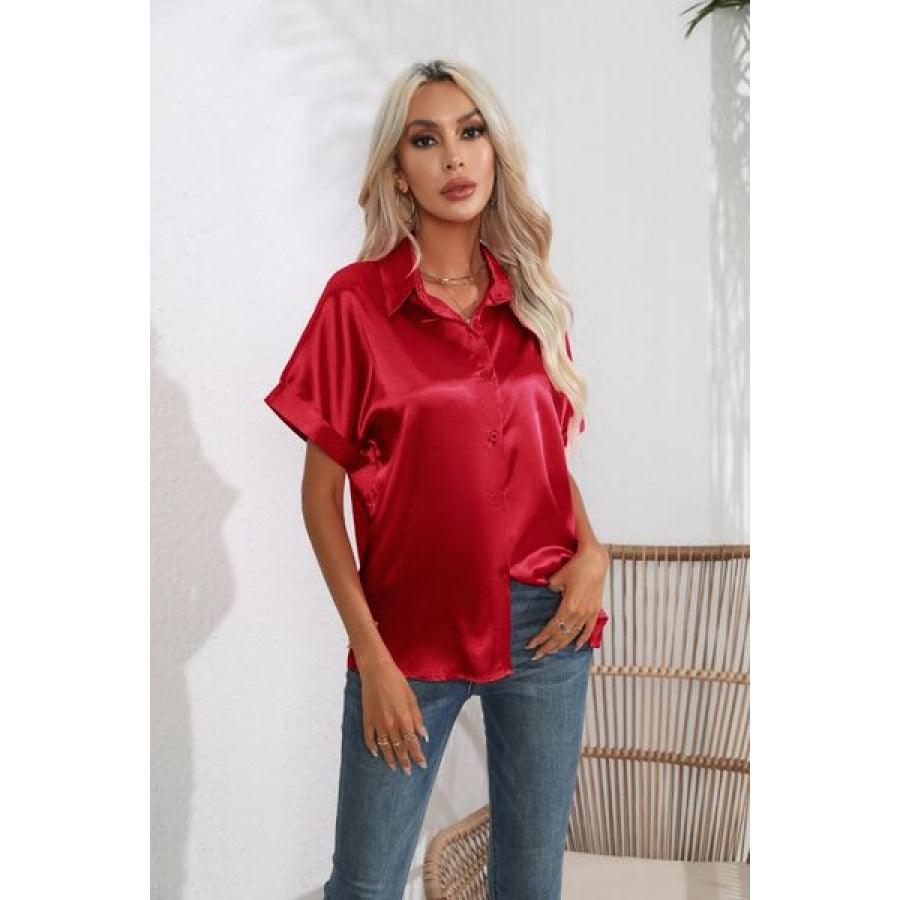 Collared Neck Short Sleeve Shirt Scarlet / S Clothing