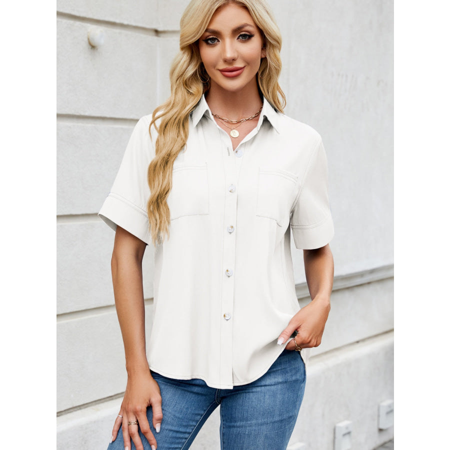 Collared Neck Short Sleeve Shirt White / S Apparel and Accessories