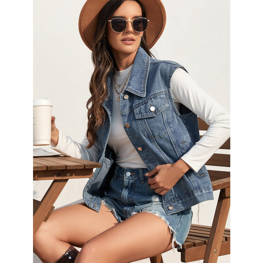 Collared Neck Sleeveless Denim Jacket Apparel and Accessories