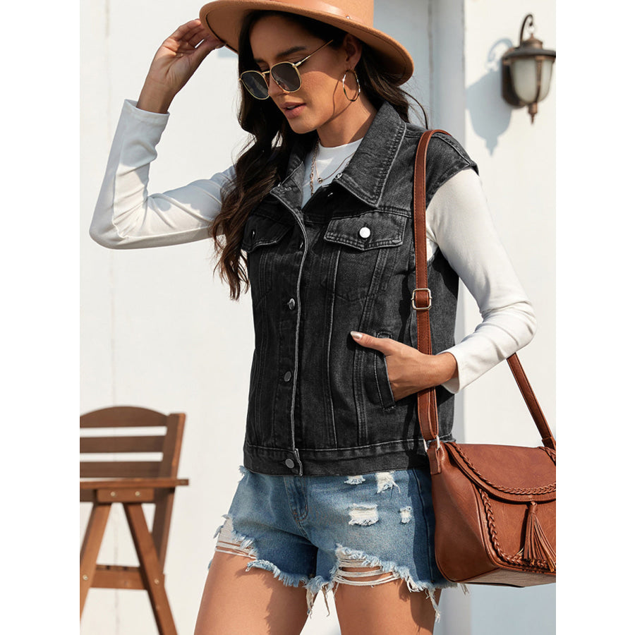 Collared Neck Sleeveless Denim Jacket Black / S Apparel and Accessories