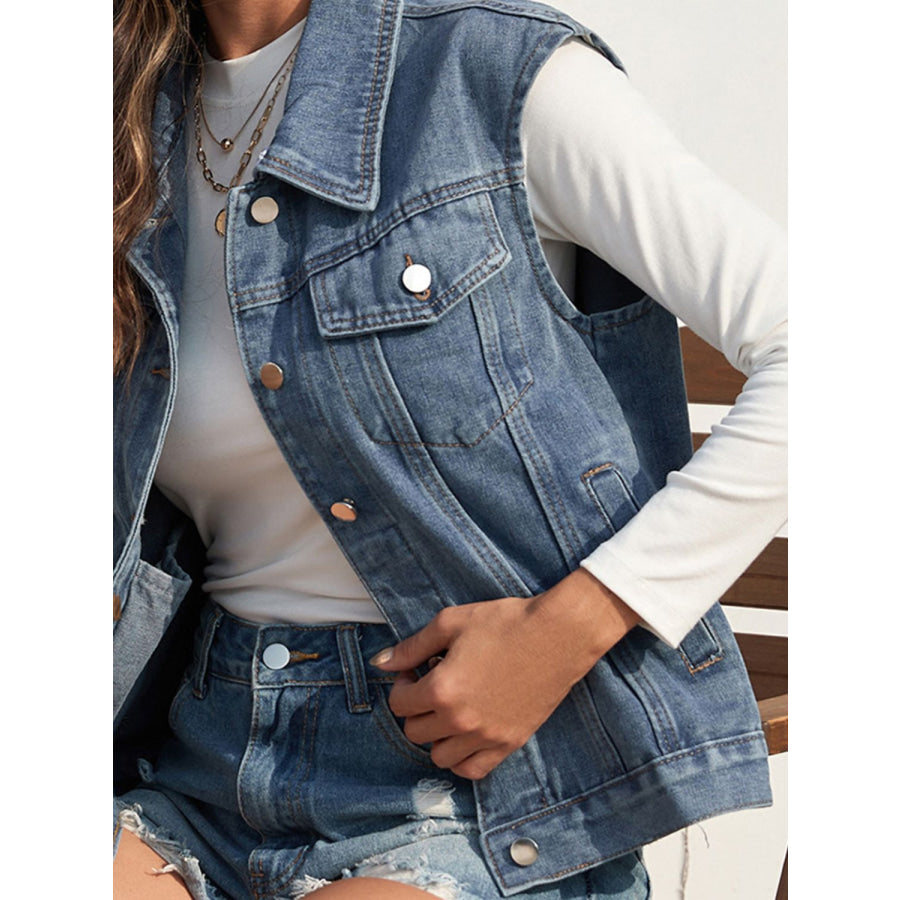 Collared Neck Sleeveless Denim Jacket Apparel and Accessories