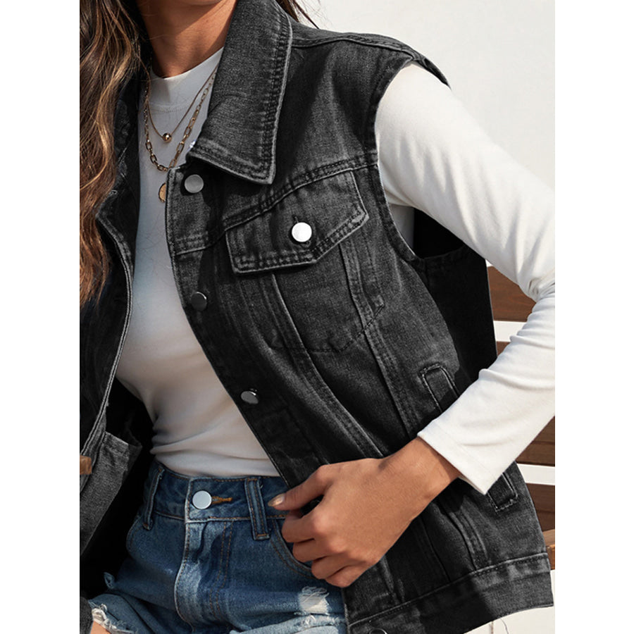 Collared Neck Sleeveless Denim Jacket Apparel and Accessories