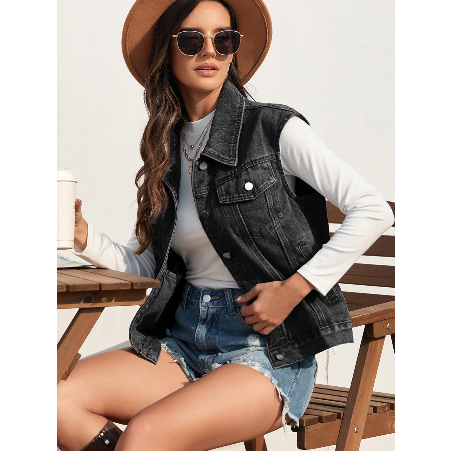 Collared Neck Sleeveless Denim Jacket Black / S Apparel and Accessories