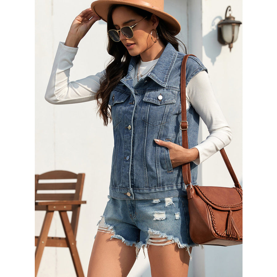 Collared Neck Sleeveless Denim Jacket Medium / S Apparel and Accessories