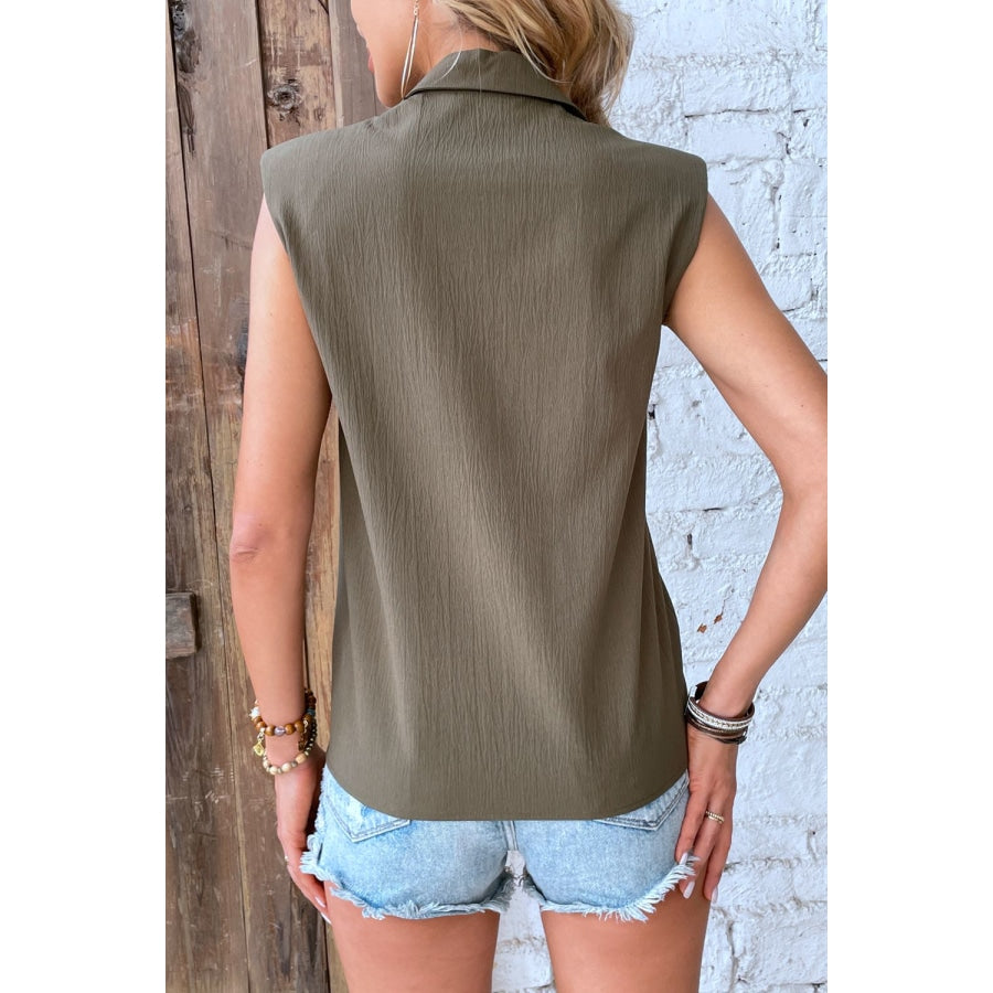 Collared Neck Sleeveless Shirt Olive Brown / S