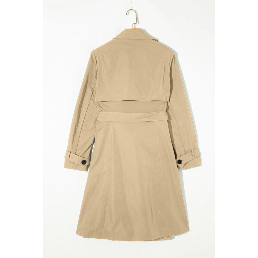 Collared Neck Tie Waist Buttoned Long Sleeve Trench Coat Apparel and Accessories