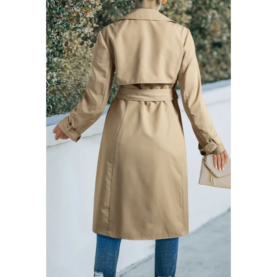 Collared Neck Tie Waist Buttoned Long Sleeve Trench Coat Apparel and Accessories