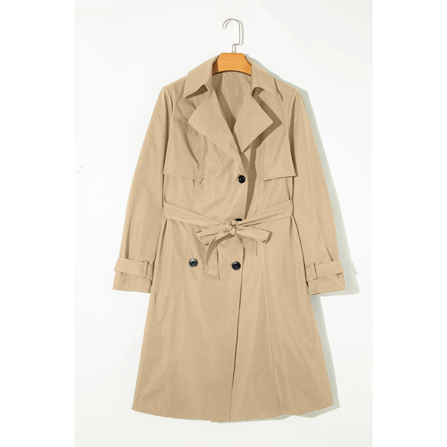 Collared Neck Tie Waist Buttoned Long Sleeve Trench Coat Apparel and Accessories