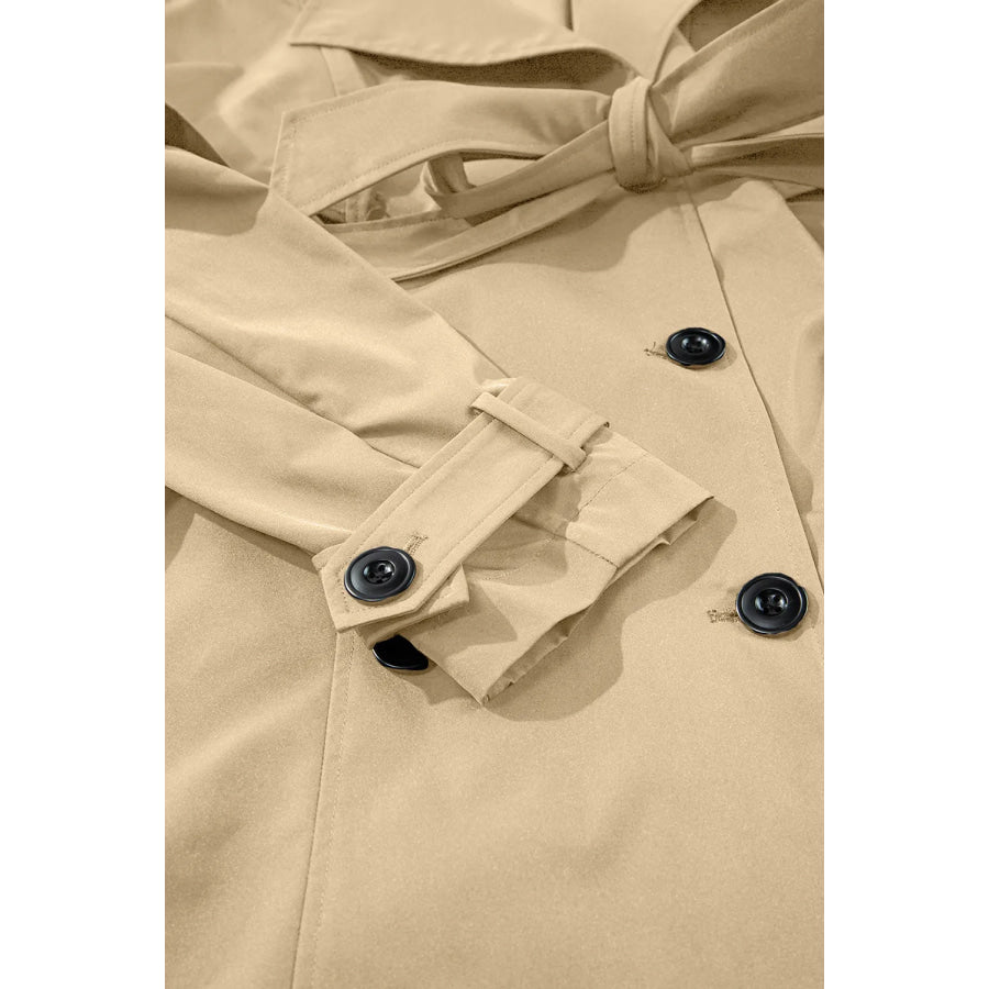 Collared Neck Tie Waist Buttoned Long Sleeve Trench Coat Apparel and Accessories