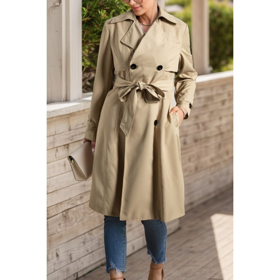 Collared Neck Tie Waist Buttoned Long Sleeve Trench Coat Dust Storm / S Apparel and Accessories