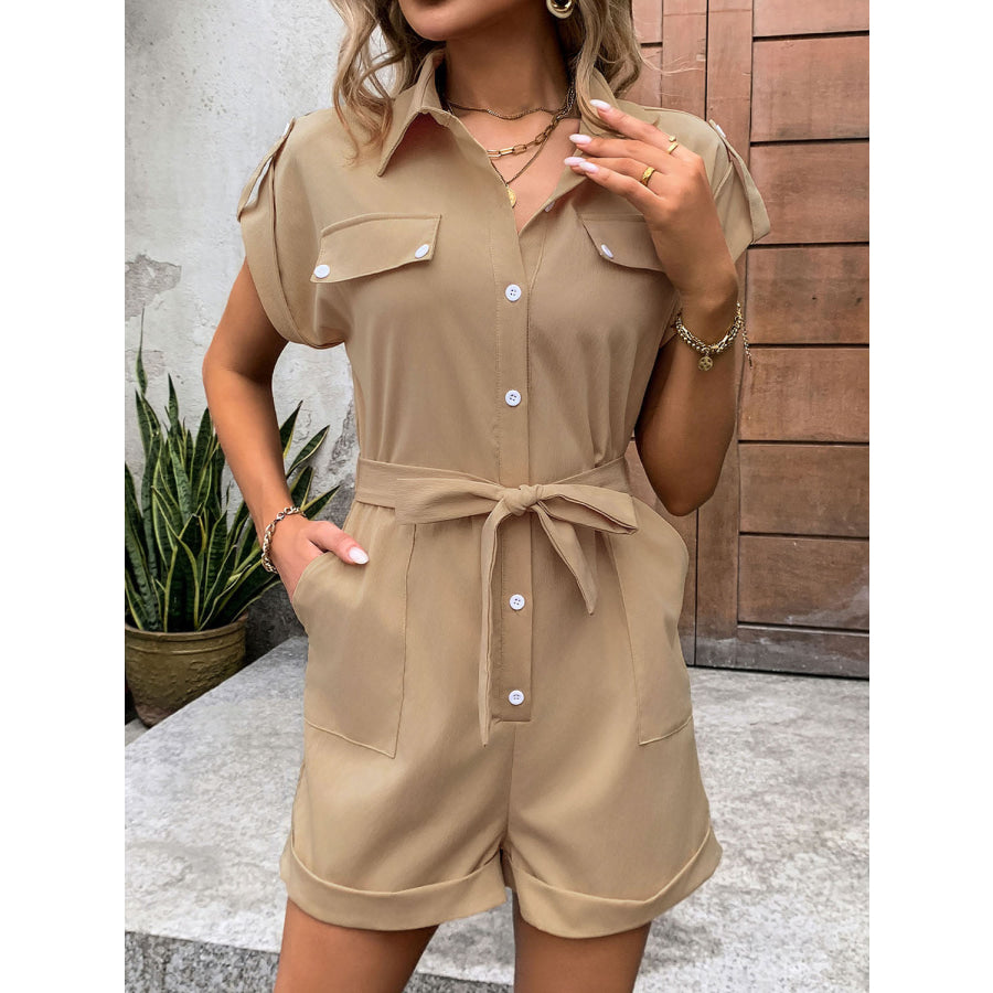 Collared Neck Tie Waist Romper with Pockets Apparel and Accessories
