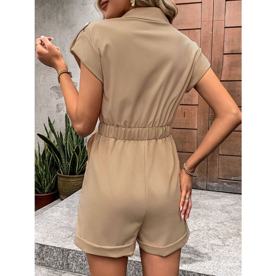 Collared Neck Tie Waist Romper with Pockets Camel / S Apparel and Accessories