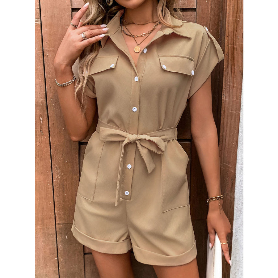 Collared Neck Tie Waist Romper with Pockets Camel / S Apparel and Accessories