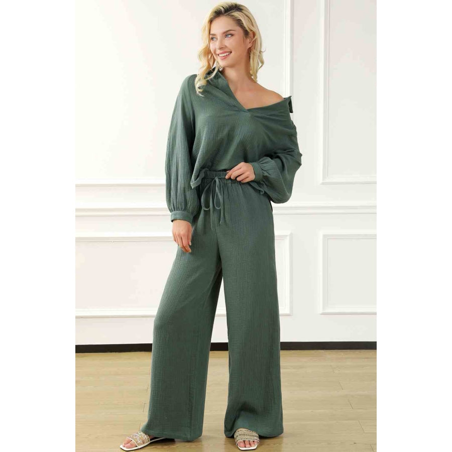 Collared Neck Top and Drawstring Pants Set Matcha Green / S