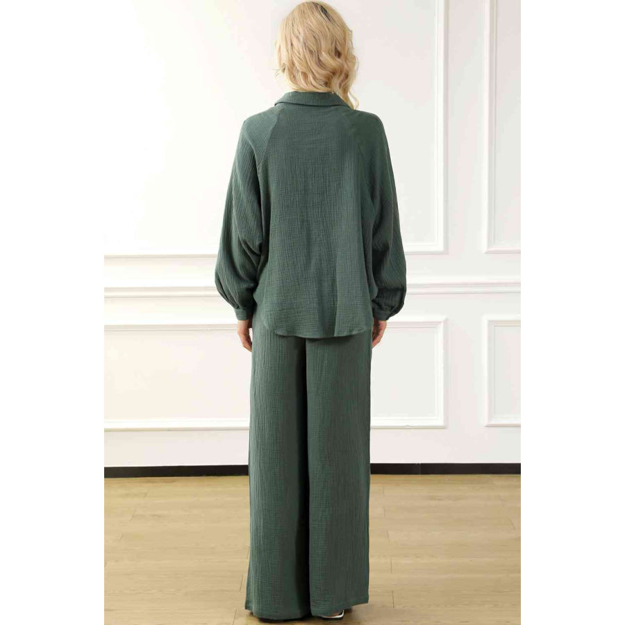 Collared Neck Top and Drawstring Pants Set Matcha Green / S