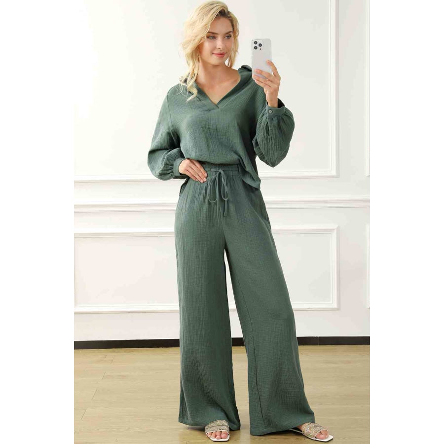 Collared Neck Top and Drawstring Pants Set